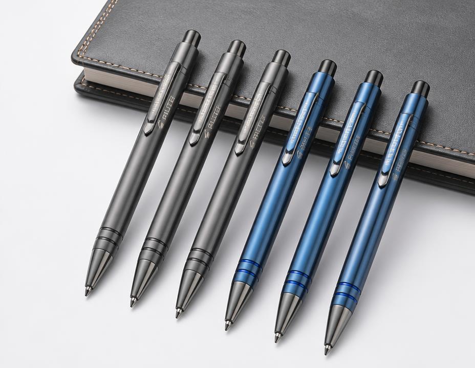 Engraved metal promotional pens beside a leather notebook